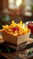 Golden Crispy French Fries with Ketchup in a Rustic Cardboard Box on a Wooden Table.