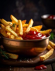 Golden Crispy French Fries with Ketchup in a Rustic Bowl.