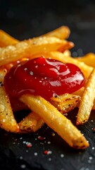 Golden French Fries with Ketchup and Salt on a Dark Background.
