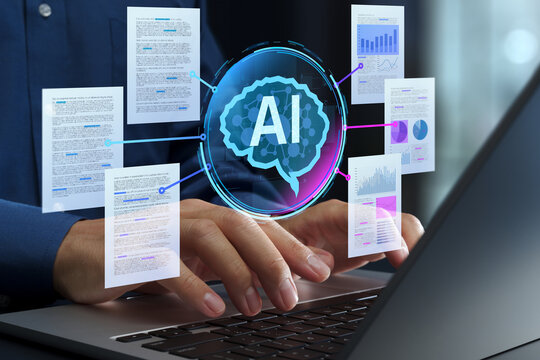 AI-powered document analysis and management. Intelligent structure analysis and information extraction. Automated document processing and knowledge management. Businessperson using laptop computer.