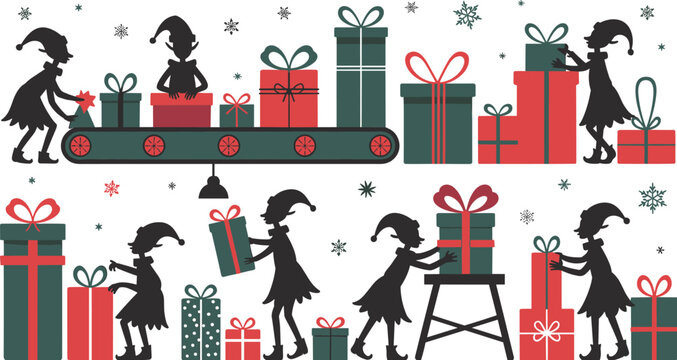 Christmas elves wrapping gifts on a conveyor belt and stacking presents vector