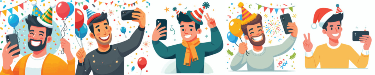 vector of a man taking selfie celebrating the new year