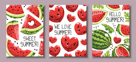 Hello Summer Greeting Card Set with Watermelon Slices in Flat Design. Banner for Seasonal Wishes, Social Media, Email Campaigns. Poster Template for Summer Promotions and Print or Digital Use