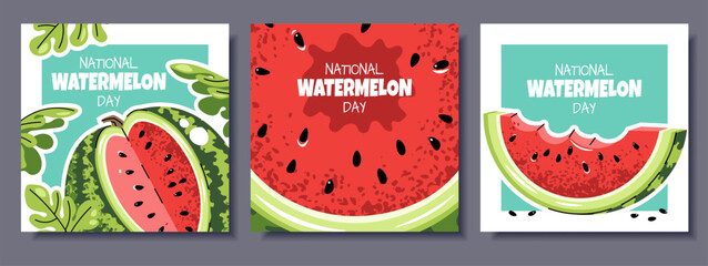 Square Watermelon Day Banner Set in Flat Design. Greeting Cards, Invitations for Fruit Events. Cover with watermelon slices for for Seasonal Wishes, Social Media, Email, Promotions