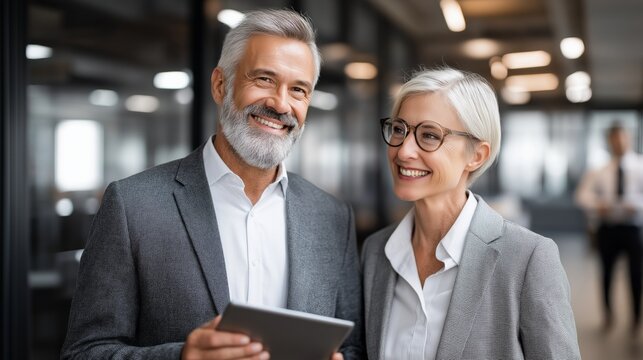 Two colleagues engage in a friendly conversation, exchanging ideas and laughter. They stand confidently in a sleek office, surrounded by a contemporary work environment