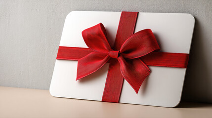 White voucher with rounded edges and vibrant red ribbon bow, elegant gift card for celebration or special occasion