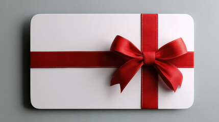 White voucher with rounded edges and red ribbon bow, elegant gift card for celebration, festive and joyful present concept