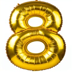 Golden Number Eight Foil Balloon Isolated on White Background.