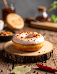 Gourmet Donut with Spicy Topping on Rustic Wood Slice.
