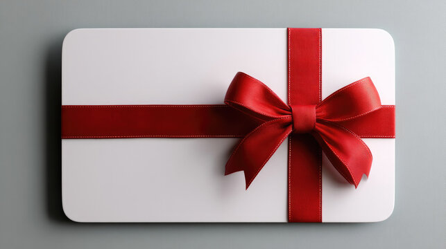 White voucher with rounded edges and red ribbon bow, elegant gift card for celebration, festive and joyful present concept