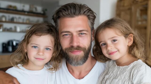 Father playing with twin daughters in cozy home setting during a sunny afternoon