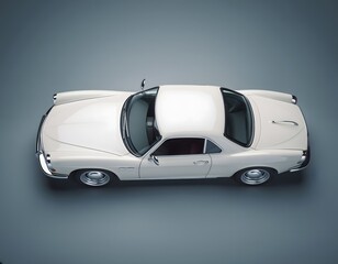 Aerial view of a classic white coupe car, showcasing its sleek design and clean lines against a neutral gray background.