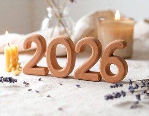 Close-up, AI-generated image of the year 2026 sculpted from warm terracotta clay, resting on beige linen. A minimalist New Year concept emphasizing cozy textures, natural materials, and soft lighting 