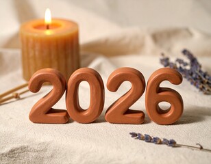 Close-up, AI-generated image of the year 2026 sculpted from warm terracotta clay, resting on beige linen. A minimalist New Year concept emphasizing cozy textures, natural materials, and soft lighting 