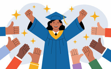 A joyful graduate in a blue cap and gown celebrates their achievement surrounded by supportive hands, capturing the essence of success, pride, and community support.
