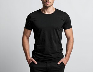 Man in black t-shirt and pants standing with hands in pockets, casual wear, studio shot.
