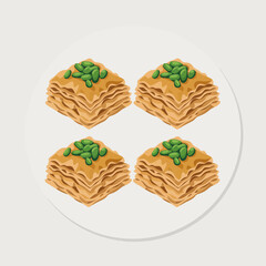 A mouthwatering presentation of lasagna layered with delicious fillings and topped with green peas, elegantly arranged on a white plate, ideal for food enthusiasts and Italian cuisine lovers.