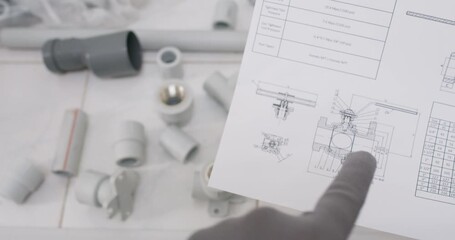 Technician holds brass seat with O ring comparing dimensions to drawing. Plumber checks tolerance and matches spec sheet confirming assembly orientation recording code - Powered by Adobe