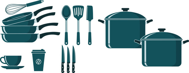 Collection of teal kitchen utensils and cookware including pots pans whisk spatulas knives and coffee cup