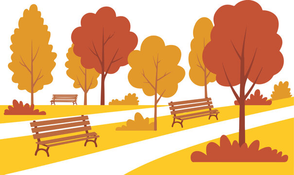 Autumn city park landscape with orange trees wooden benches and walking path scenery vector illustration for seasonal background