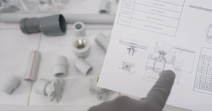 Technician holds brass seat with O ring comparing dimensions to drawing. Plumber checks tolerance and matches spec sheet confirming assembly orientation recording code