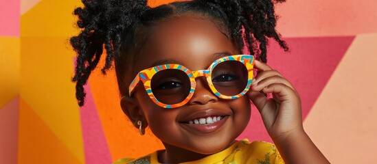 Smiling child with colorful sunglasses against geometric background