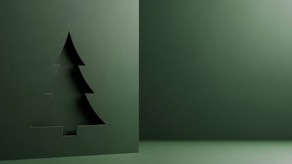 Minimalist christmas tree silhouette cut out of dark green paper creating a festive holiday greeting card or background with subtle shadows and a clean modern aesthetic