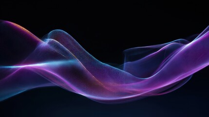 Abstract gradient light trails. Network of wavy purple and blue dots on black.