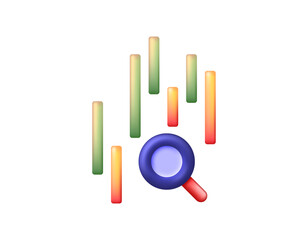 Data analysis concept. Analyzing market and stock movement patterns. Finance. Illustration of a magnifying glass symbol and data bar chart. 3D style design. White background.