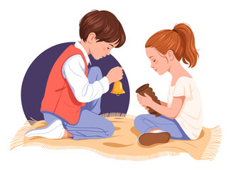 Two children engage in a playful interaction with musical instruments, highlighting the importance of play in childhood development and the joy of creativity in learning together.