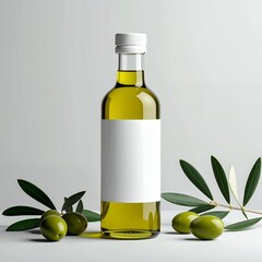 Olive oil bottle with blank label and fresh olives on a white background.
