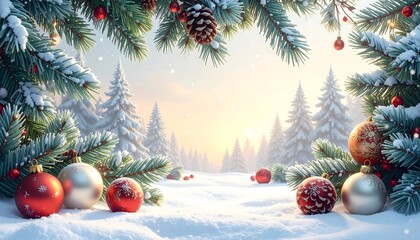 Christmas scene with snow covered trees and decorations seasonal backdrop