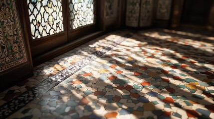 Sunlight streams through an ornate patterned window casting geometric shadows across a colorful tiled floor inside a historic building