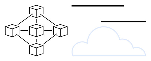 Connected cubes representing blockchain with a cloud icon for storage. Ideal for data security, cloud computing, blockchain technology, decentralization, network architecture, digital solutions