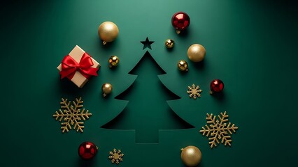 Festive christmas tree shape formed by cutouts on a dark green background surrounded by sparkling golden snowflakes shiny red and gold baubles and a gift box with a red ribbon