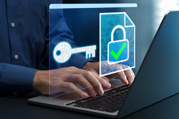 File encryption and key management. Secure data storage system.  Access control for documents. Businessperson using laptop computer.