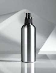Sleek Aluminum Spray Bottle with Black Cap on a Modern White Background.