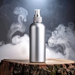 Silver Spray Bottle on Wood Stump with Smoke.