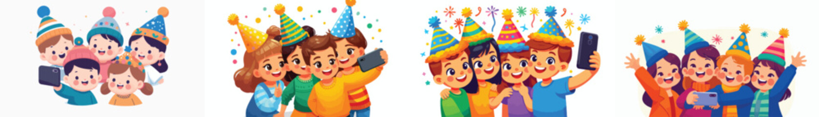 vector of children taking selfies together celebrating the new year