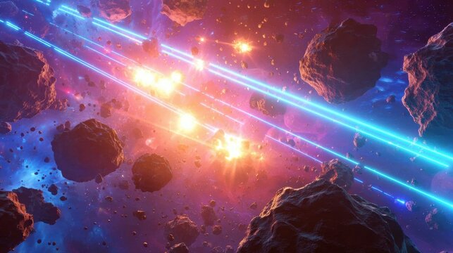 Space battle illustration featuring light streaks, explosions, and asteroids.
