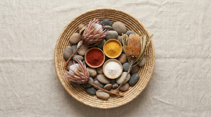 Overhead flat lay of woven basket with river stones, dried flowers, and ochre pigment powders