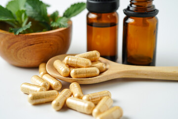 Medicine herbal organic capsule vitamin E omega 3 fish oil drug herbs leaf natural supplements