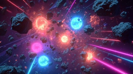 Vivid cosmic landscape with asteroids, glowing orbs, and radiant energy streams.
