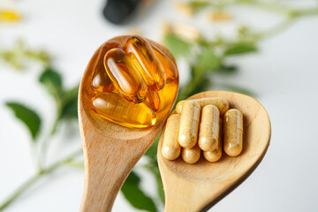 Medicine herbal organic capsule vitamin E omega 3 fish oil drug herbs leaf natural supplements