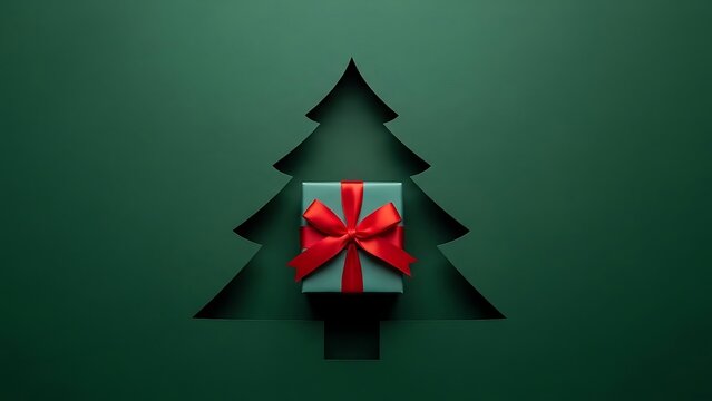 Festive christmas tree silhouette crafted from paper with a beautifully wrapped gift box adorned with a vibrant red ribbon at its center creating a minimalist holiday celebration concept