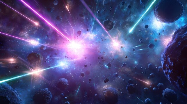 Cosmic collision of meteoroids and energy streaks amidst nebula clouds.