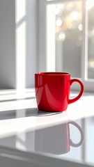 Vibrant Red Mug Bathed in Sunlight on a White Ledge.