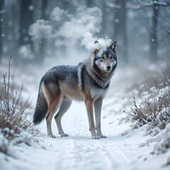 Naklejka premium Majestic wolf standing proudly in a winter wonderland, its breath visible in the cold air, evoking a sense of wild beauty and serene wildlife encounters