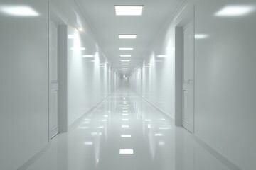 Obraz premium Bright white hallway interior with minimalist, spacious design and soft overhead lighting