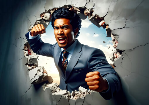 壁を打ち破るビジネスマンの挑戦と成功のコンセプトの3dイラスト